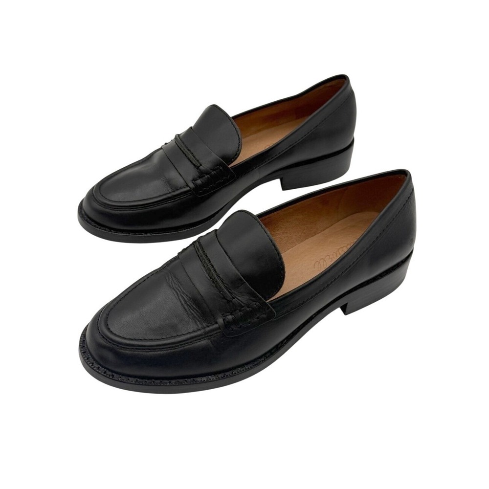 Madewell Size 6 Black Leather Slip On Penny Loafers Preppy Academia Old Money